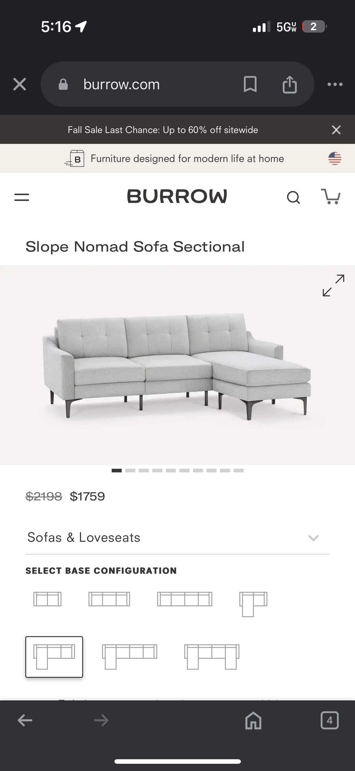 Gray Burrow Nomad Sectional Couch with Reversible Chaise