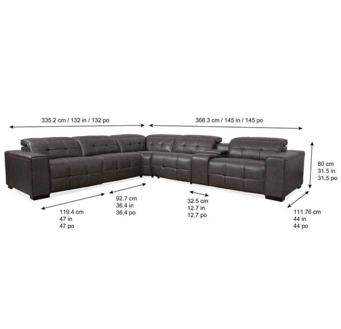 Charcoal Gray Leather 6-Piece Modular Sectional with 3 Power Recliners & Adjustable Headrests