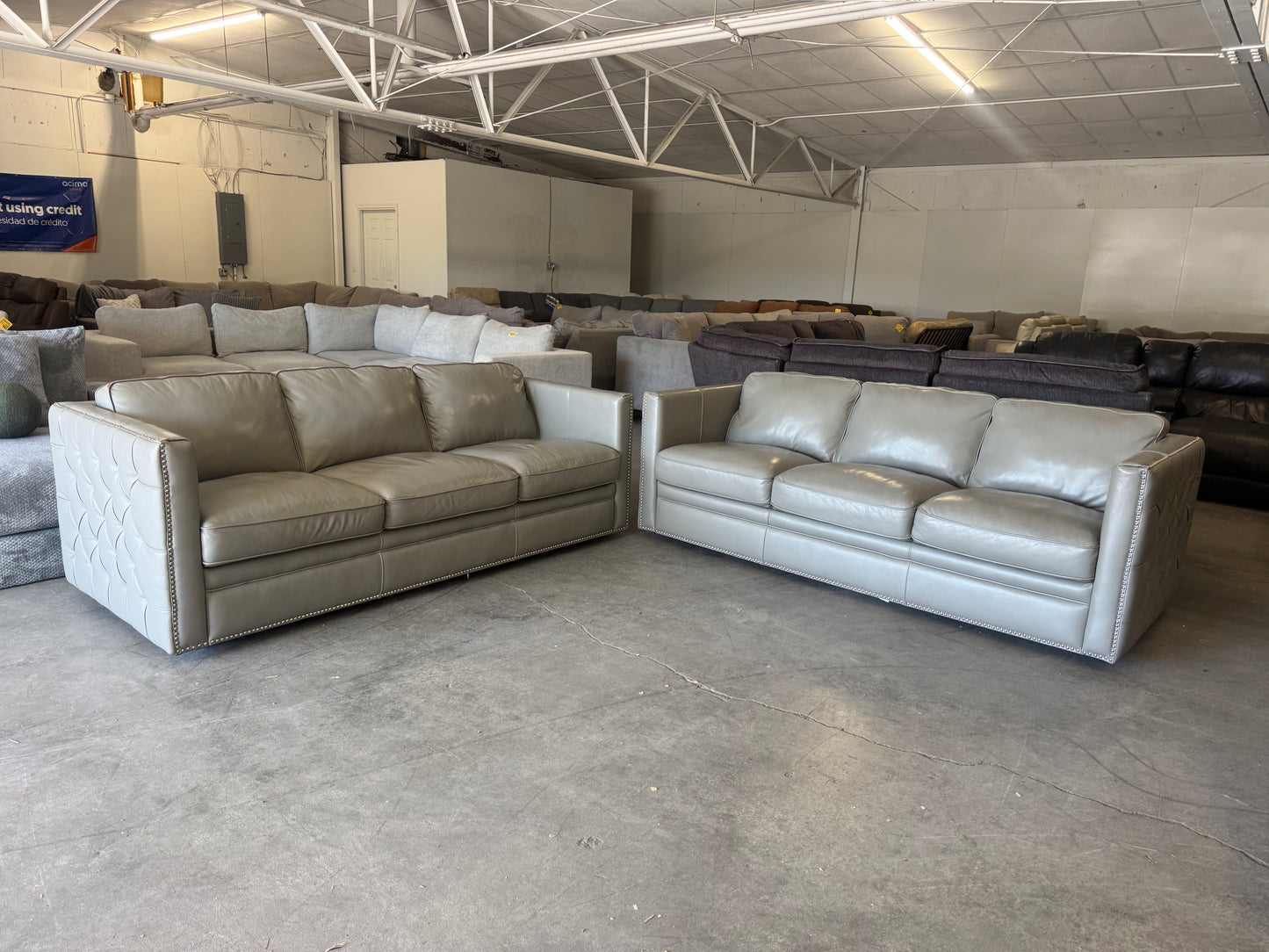 Gray Leather Couch Set with Ornate Nailhead Trim