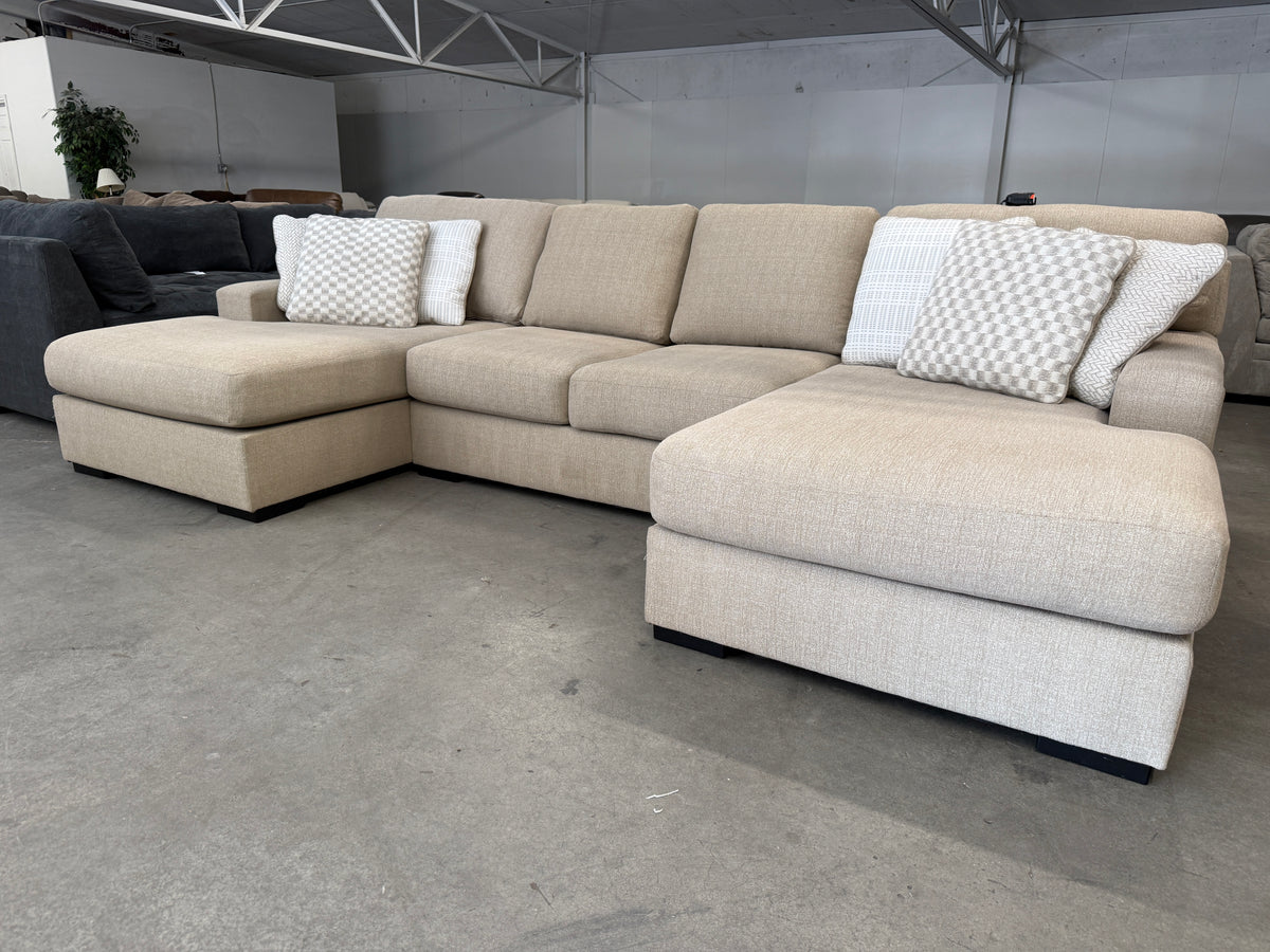 Beige U-Shaped Sectional with Dual Chaise Lounges