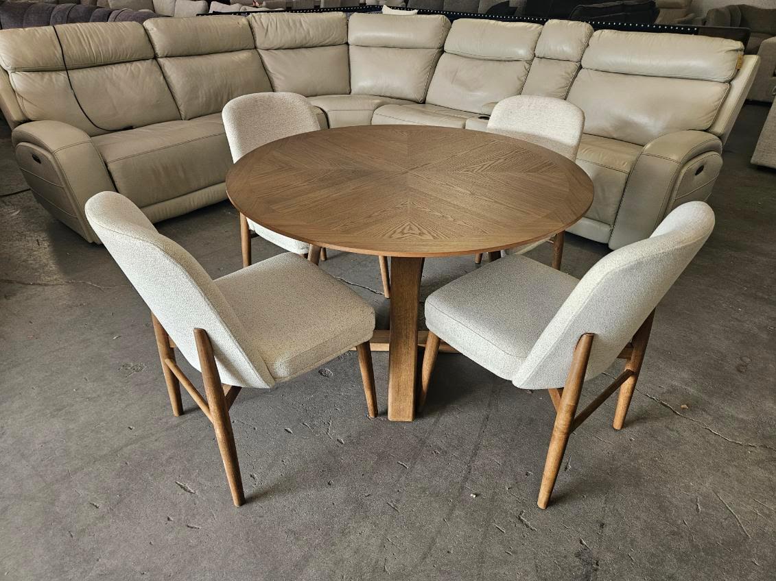 Dining Table Set – 48” Round Wood Table with 4 Upholstered Chairs