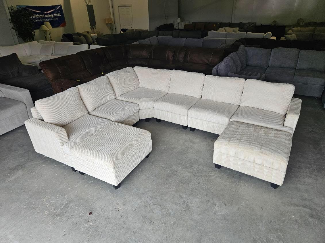 Cream Corduroy Modular Sectional with Dual Storage Ottomans