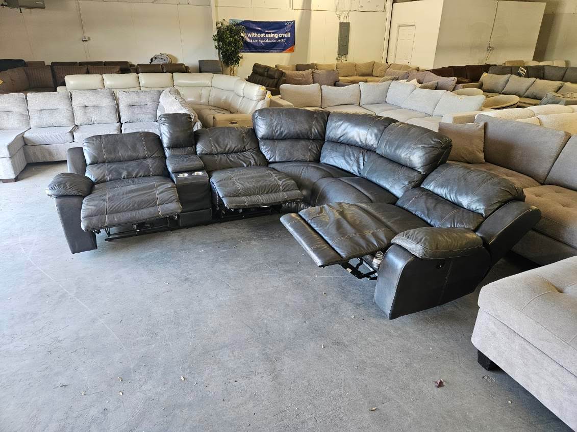 Charcoal Gray Leather Power Reclining Sectional
