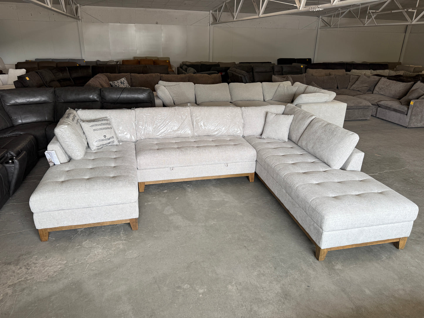 Brand New Gray Mid Century Modern U-Shaped Sectional with Dual Chaise Lounges