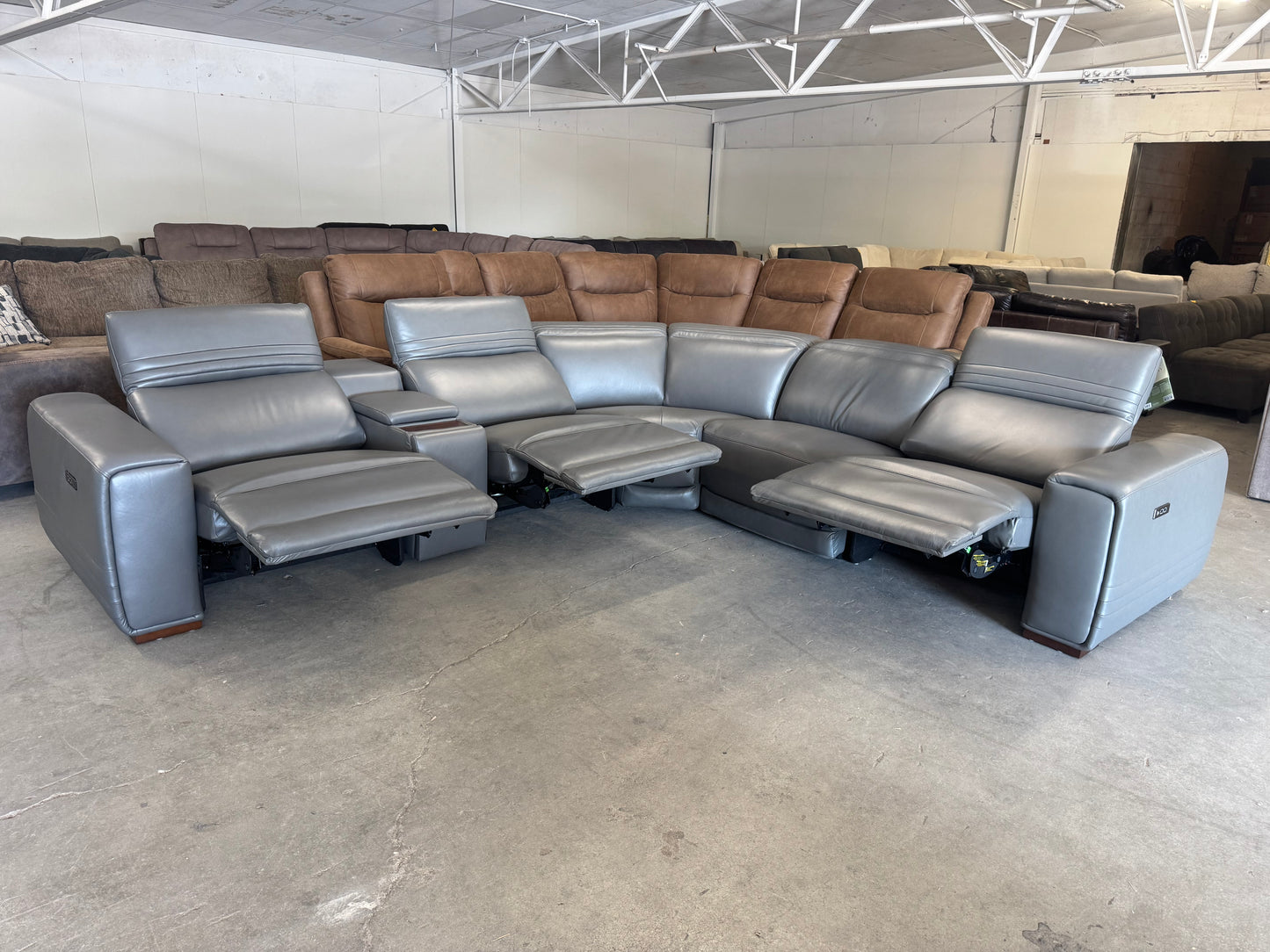Brand New Aiden & Ivy Karson Gray Leather Power Reclining Sectional