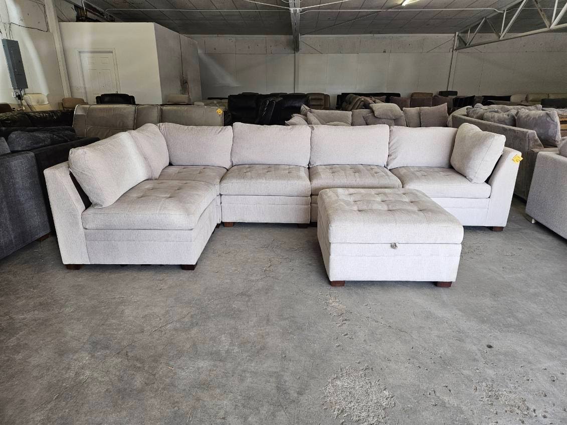 Beige 6 Piece Modular Sectional Sofa with Storage Ottoman