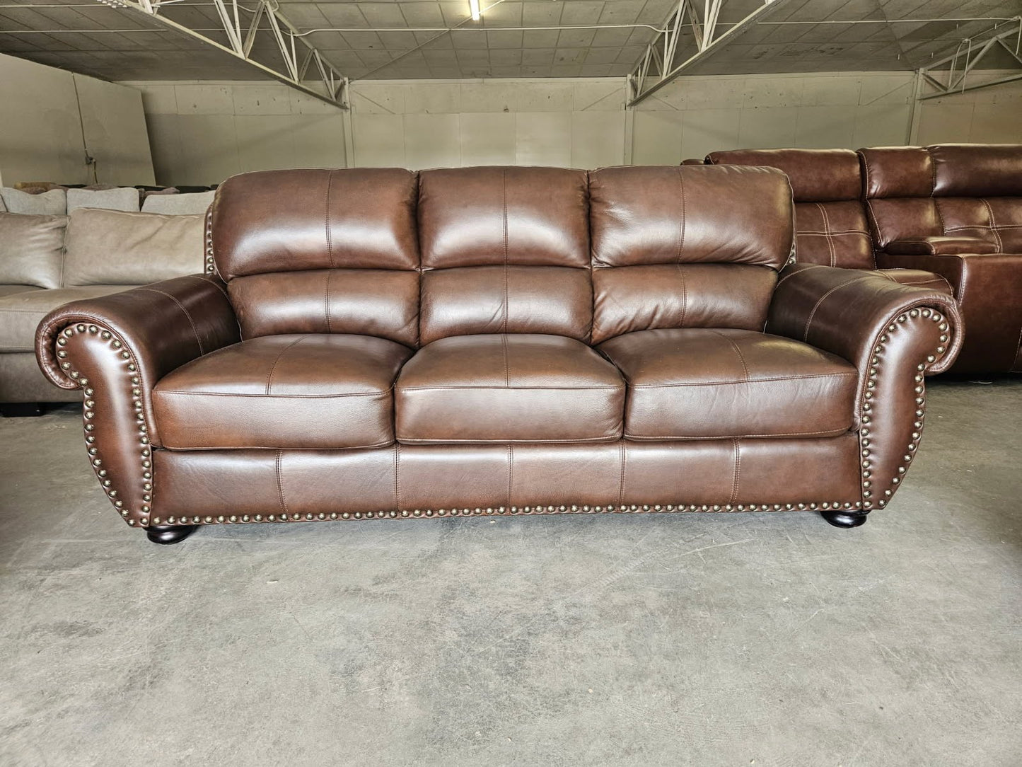 Brown Leather Living Room Set with Couch, Loveseat, Chair + Ottoman