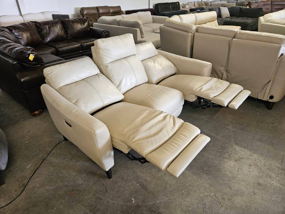 Cream Leather Power Reclining Sofa