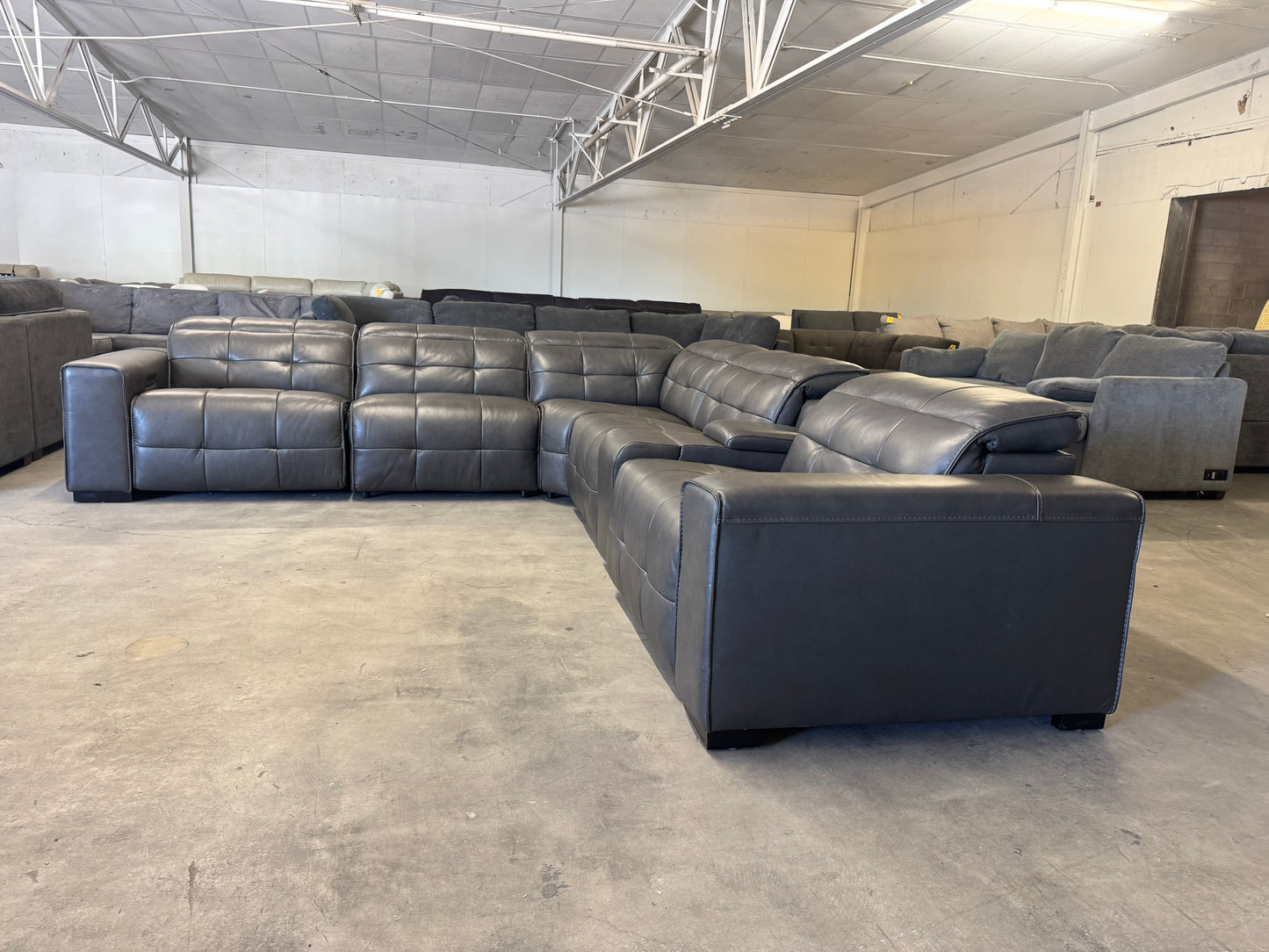 Charcoal Gray Leather 6-Piece Modular Sectional with 3 Power Recliners & Adjustable Headrests