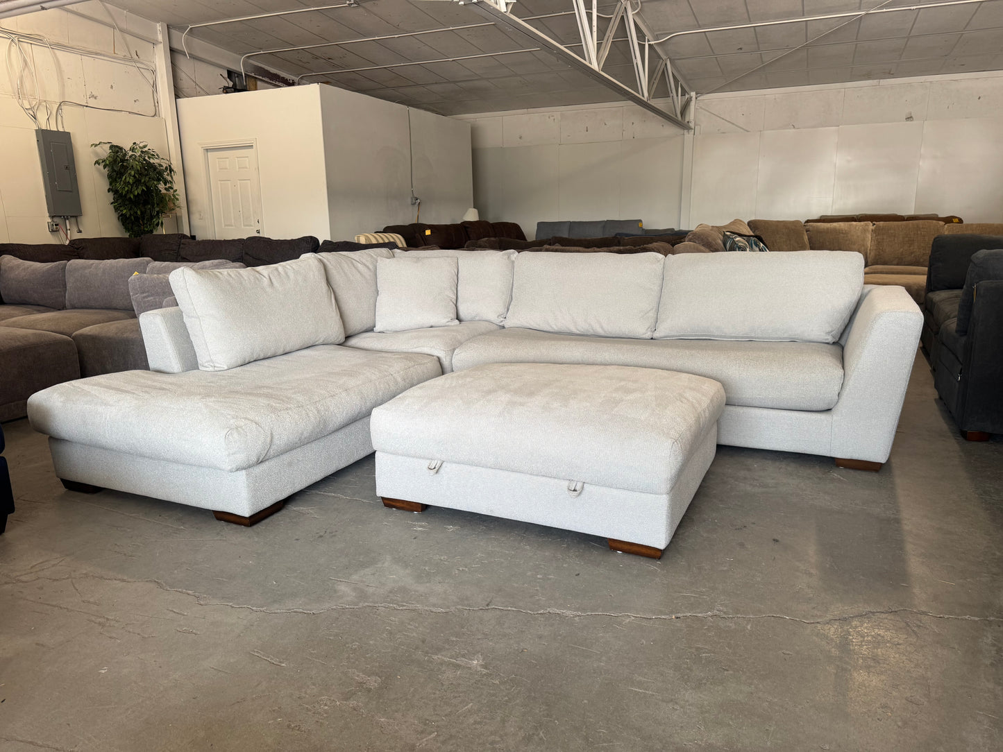 Gray/Beige Down-Filled Sectional Sofa with Oversized Chaise & Storage Ottoman