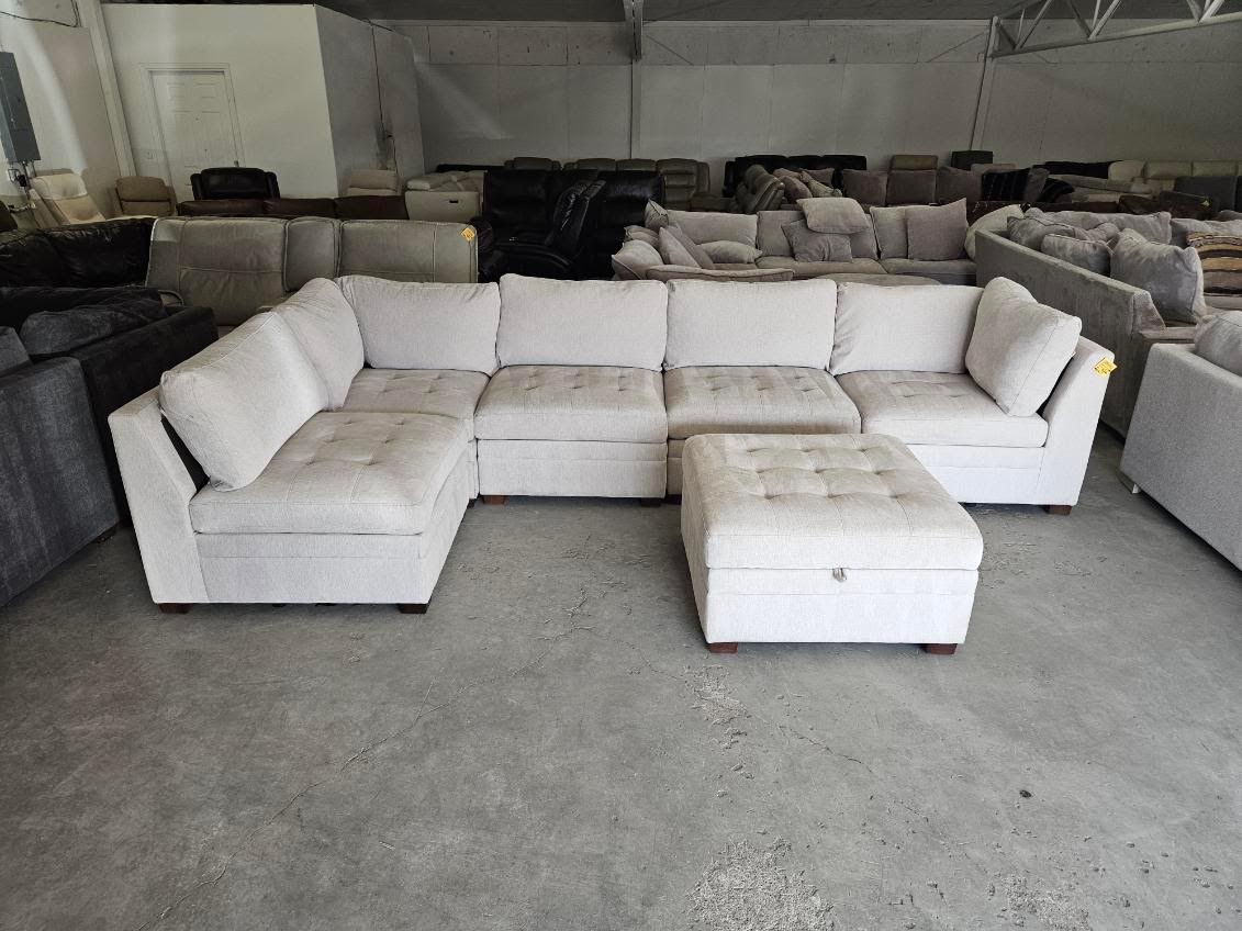 Beige 6 Piece Modular Sectional Sofa with Storage Ottoman