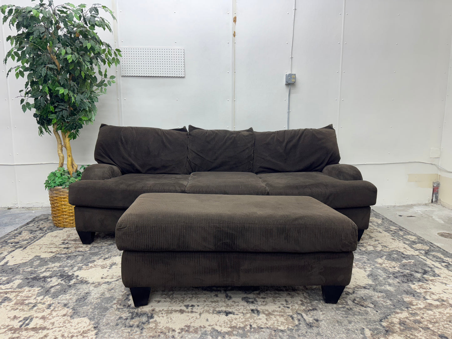 Brown Corduroy Sofa with Ottoman