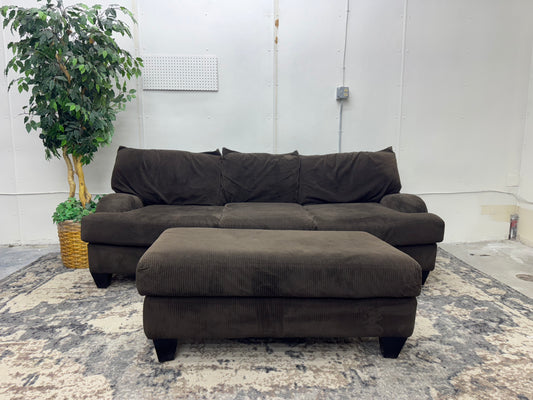 Brown Corduroy Sofa with Ottoman