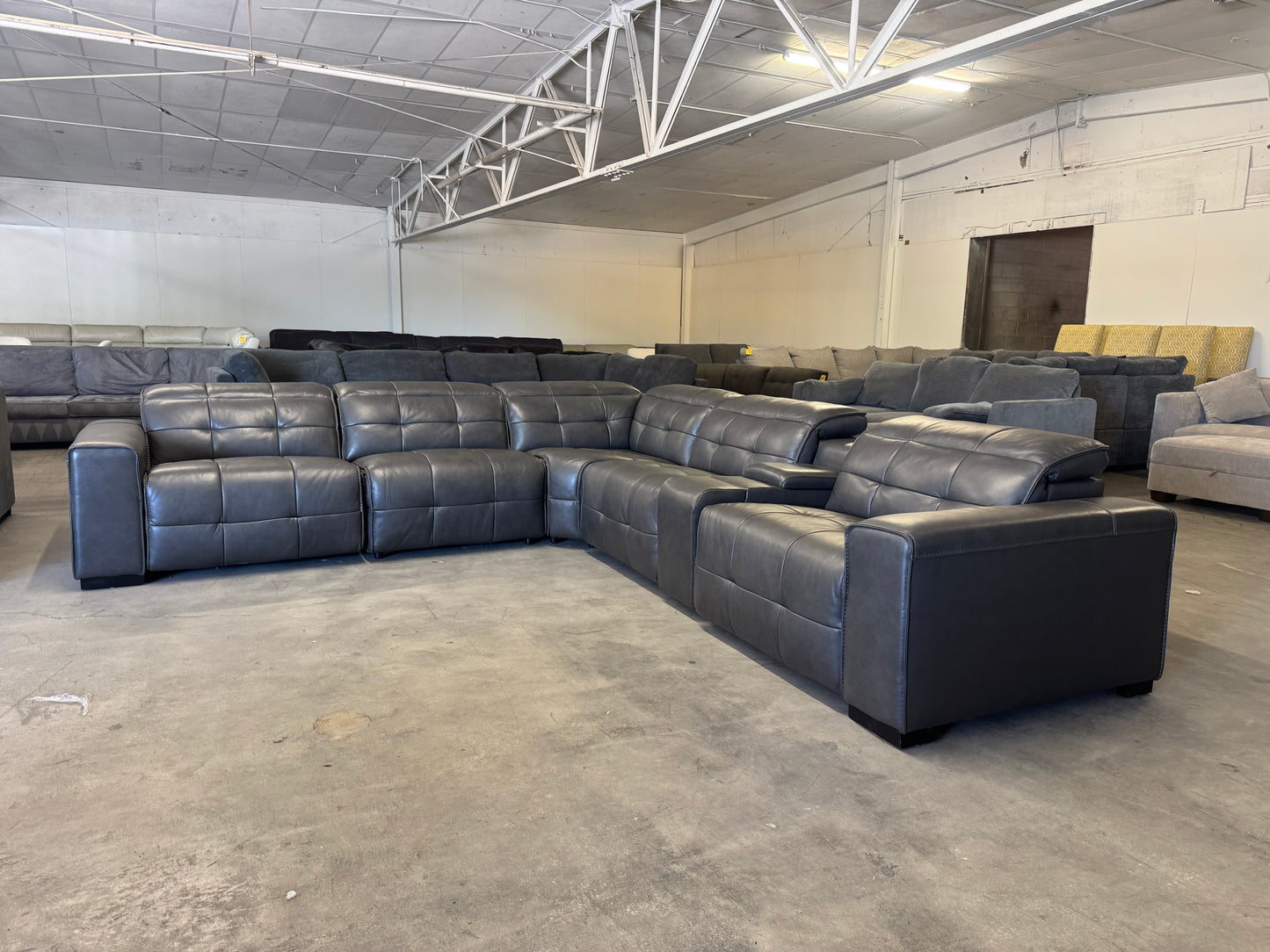 Charcoal Gray Leather 6-Piece Modular Sectional with 3 Power Recliners & Adjustable Headrests