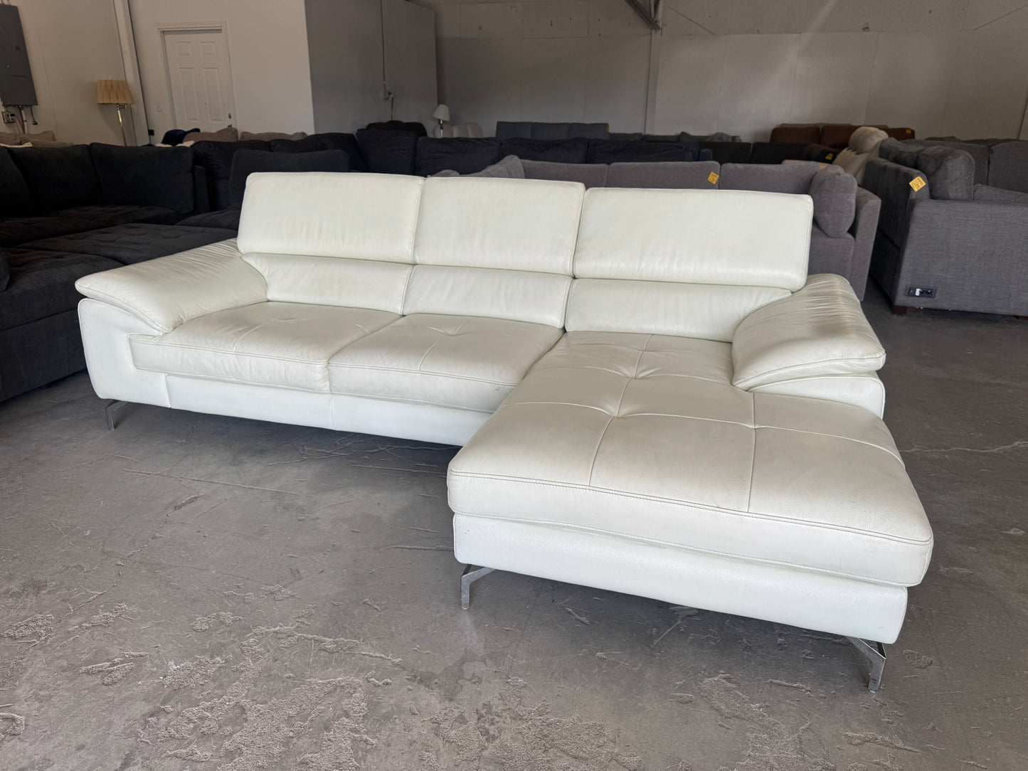 White Mid Century Modern Leather Chaise Sectional