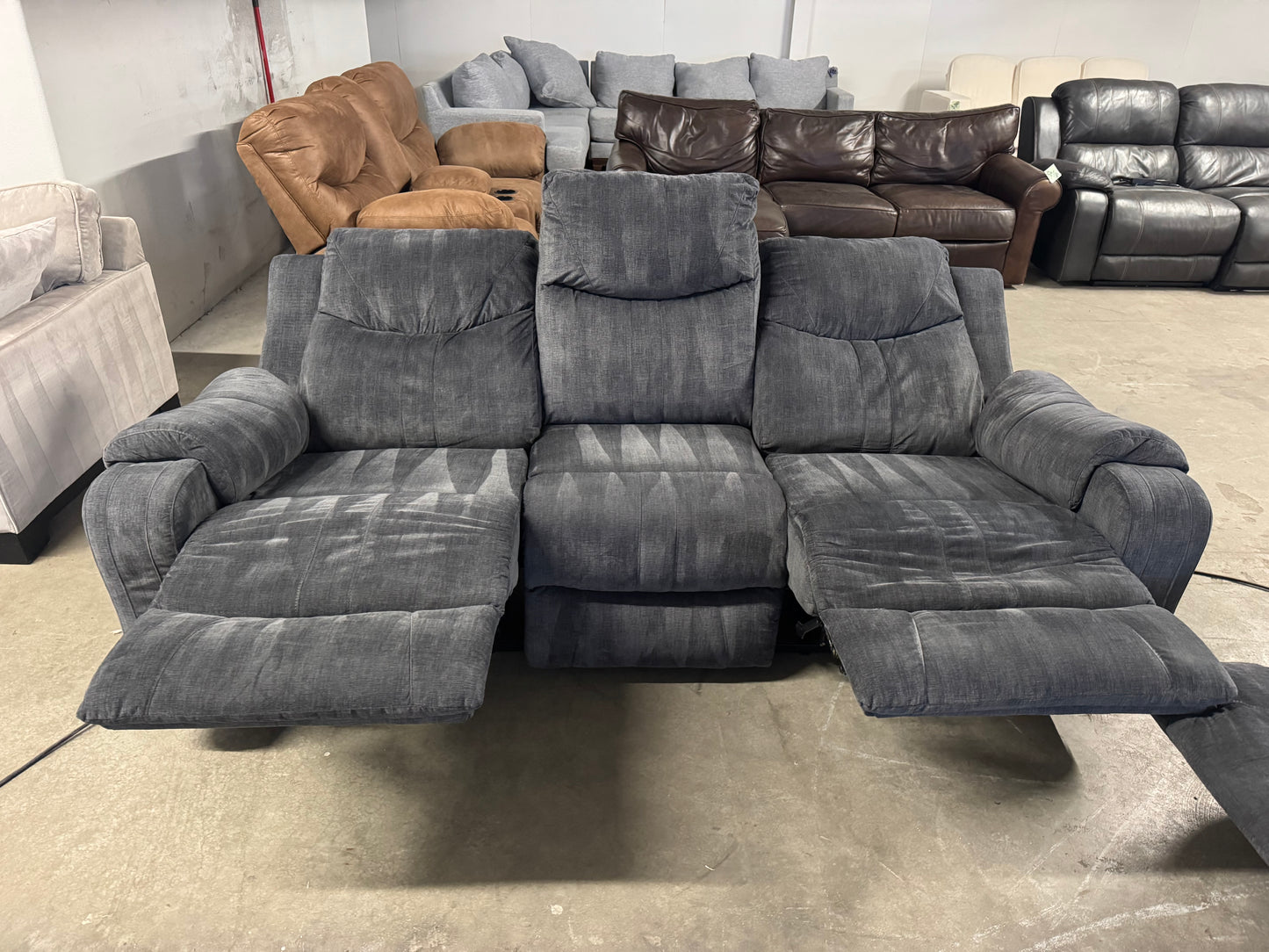 Couch + Loveseat Set – Dark Blue Fabric Power Recliners