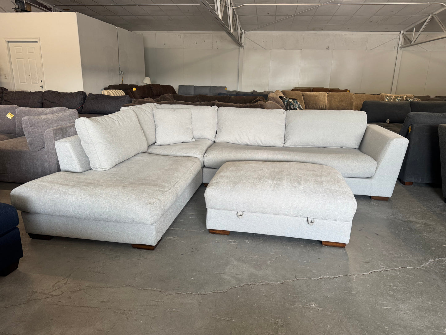 Gray/Beige Down-Filled Sectional Sofa with Oversized Chaise & Storage Ottoman