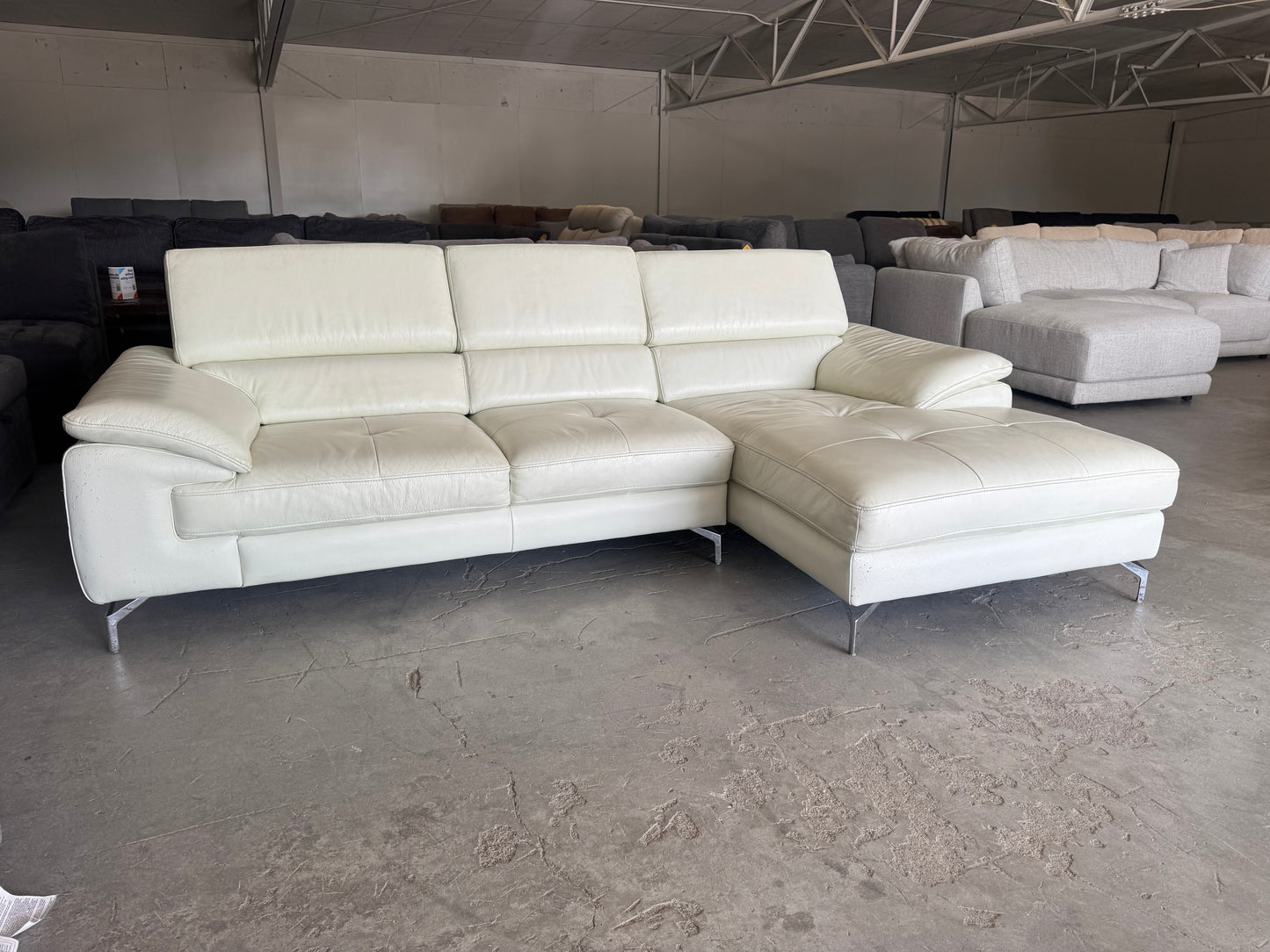 White Mid Century Modern Leather Chaise Sectional