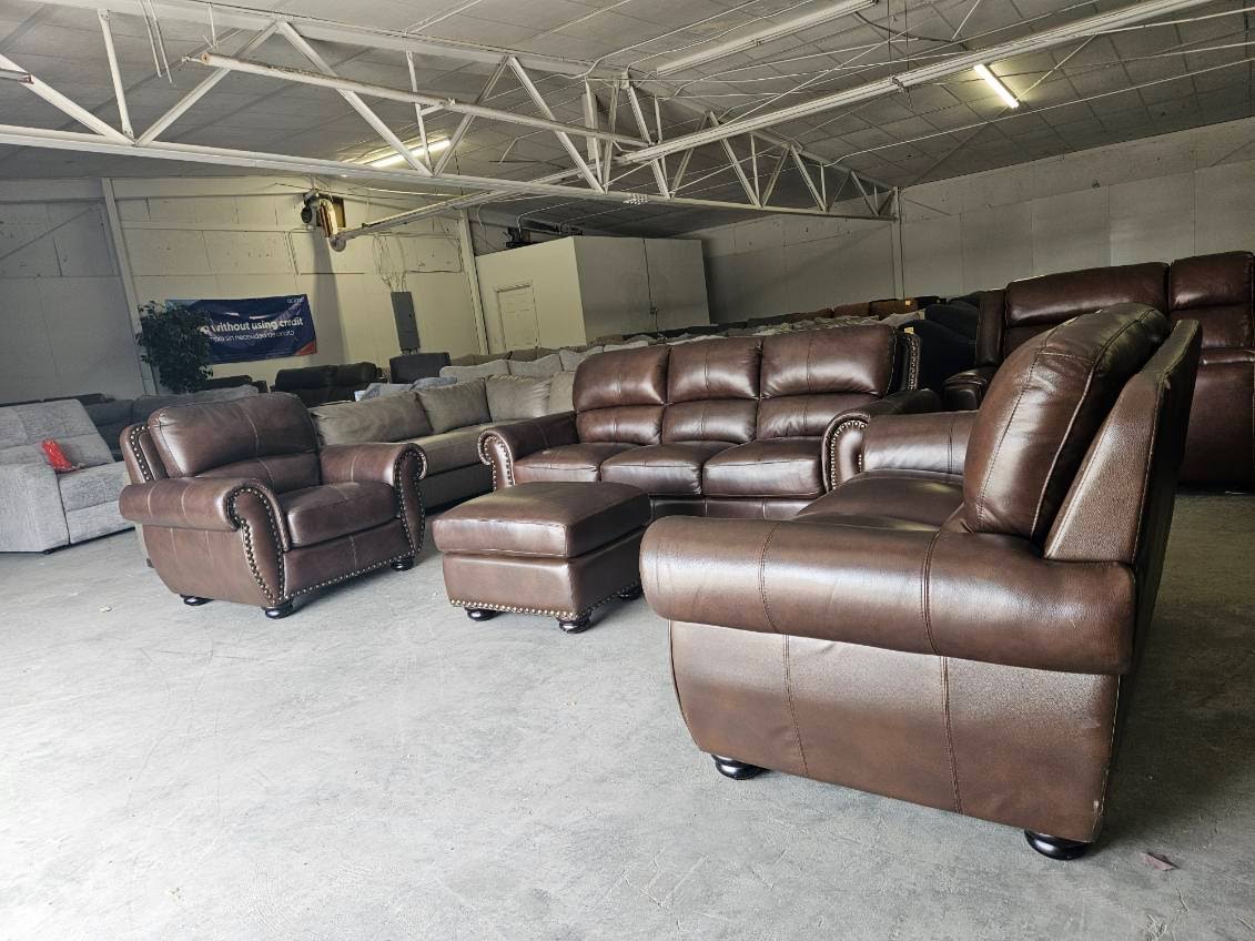 Brown Leather Living Room Set with Couch, Loveseat, Chair + Ottoman