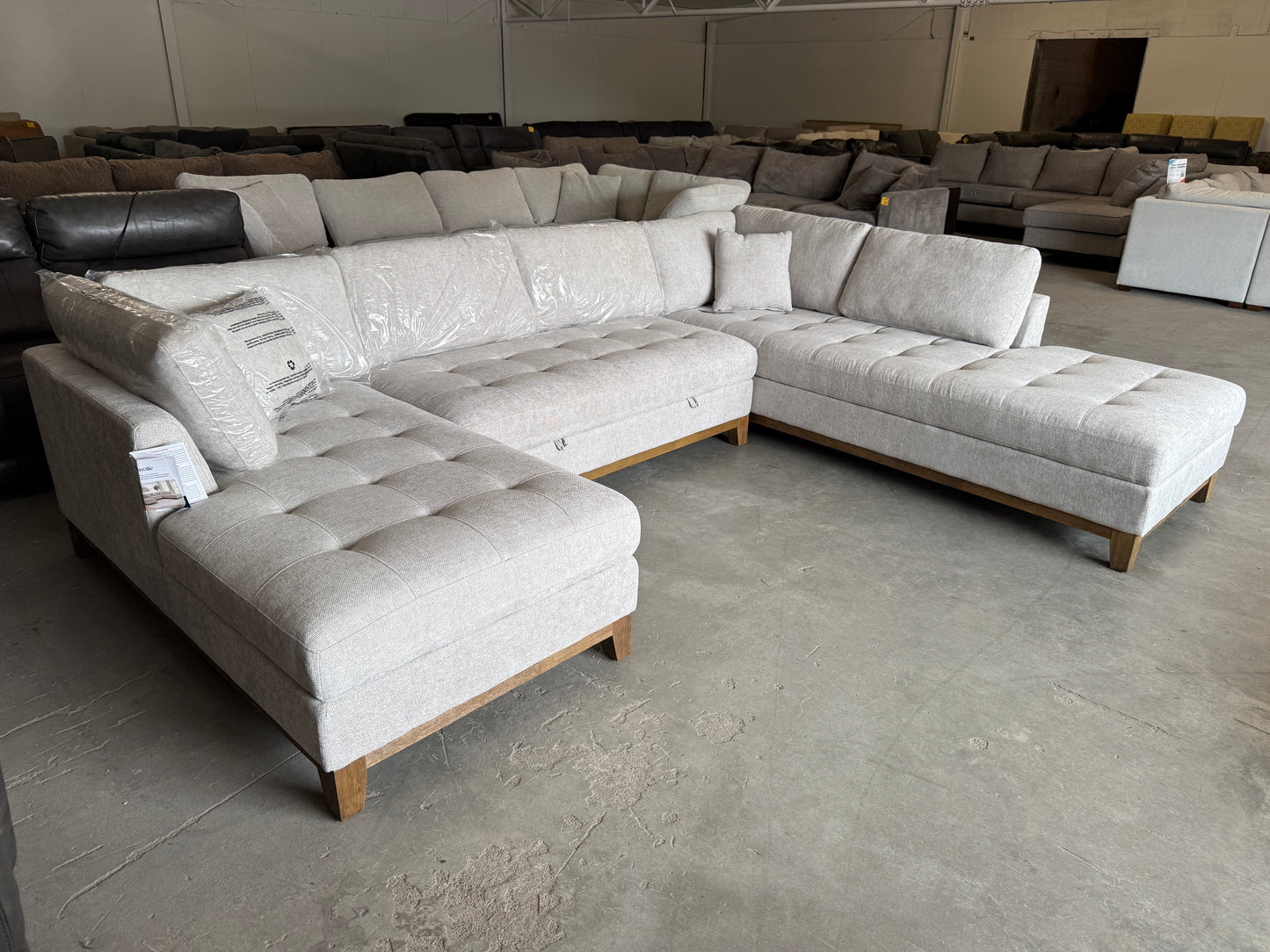 Brand New Gray Mid Century Modern U-Shaped Sectional with Dual Chaise Lounges