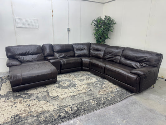 Brown 6-Piece Leather Modular Sectional Sofa w/ 2 Recliners & Reclining Chaise