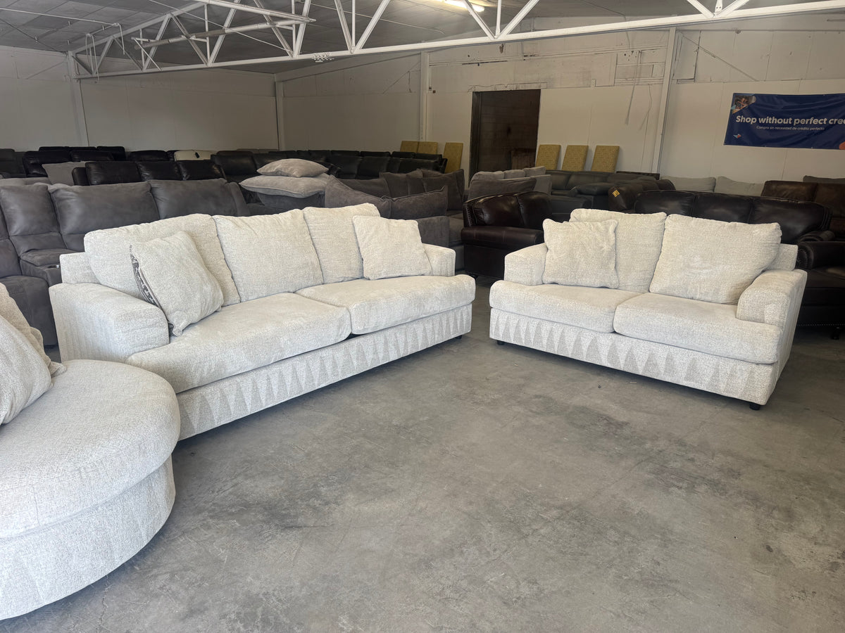 Living Room Set – Plush Beige Sleeper Sofa, Loveseat & Barrel Chair