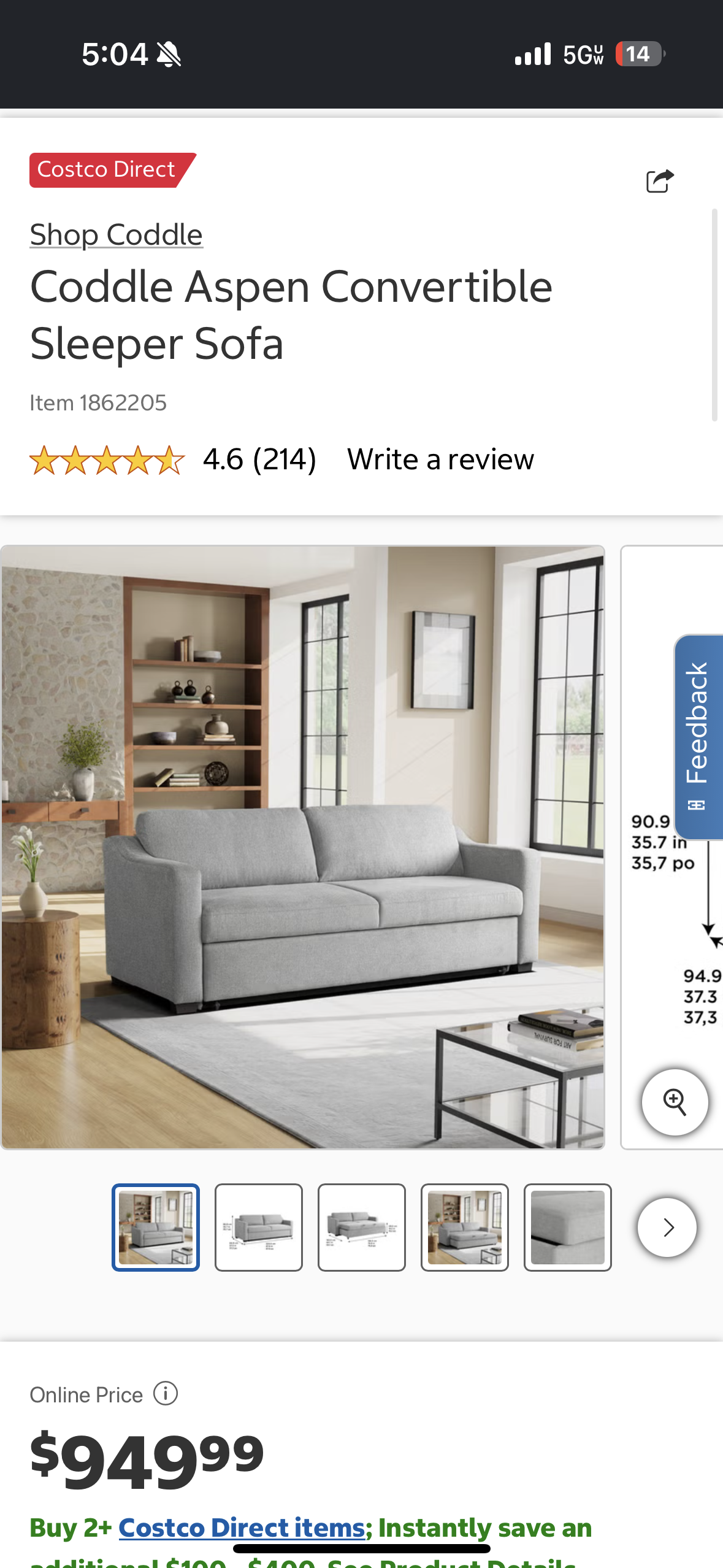 Gray Coddle Aspen Convertible Sleeper Sofa