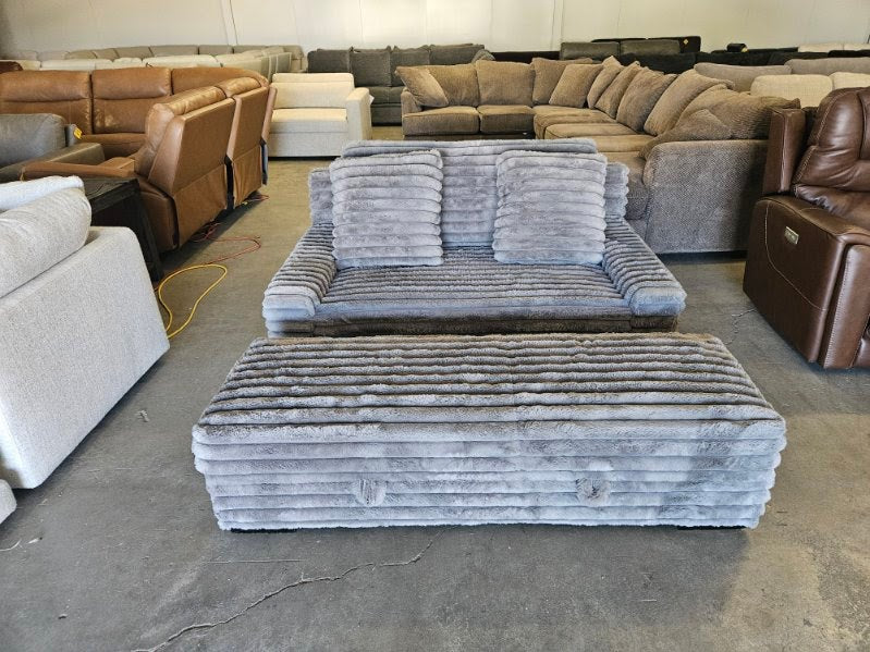 Gray Plush Corduroy Lounger with Storage Ottoman