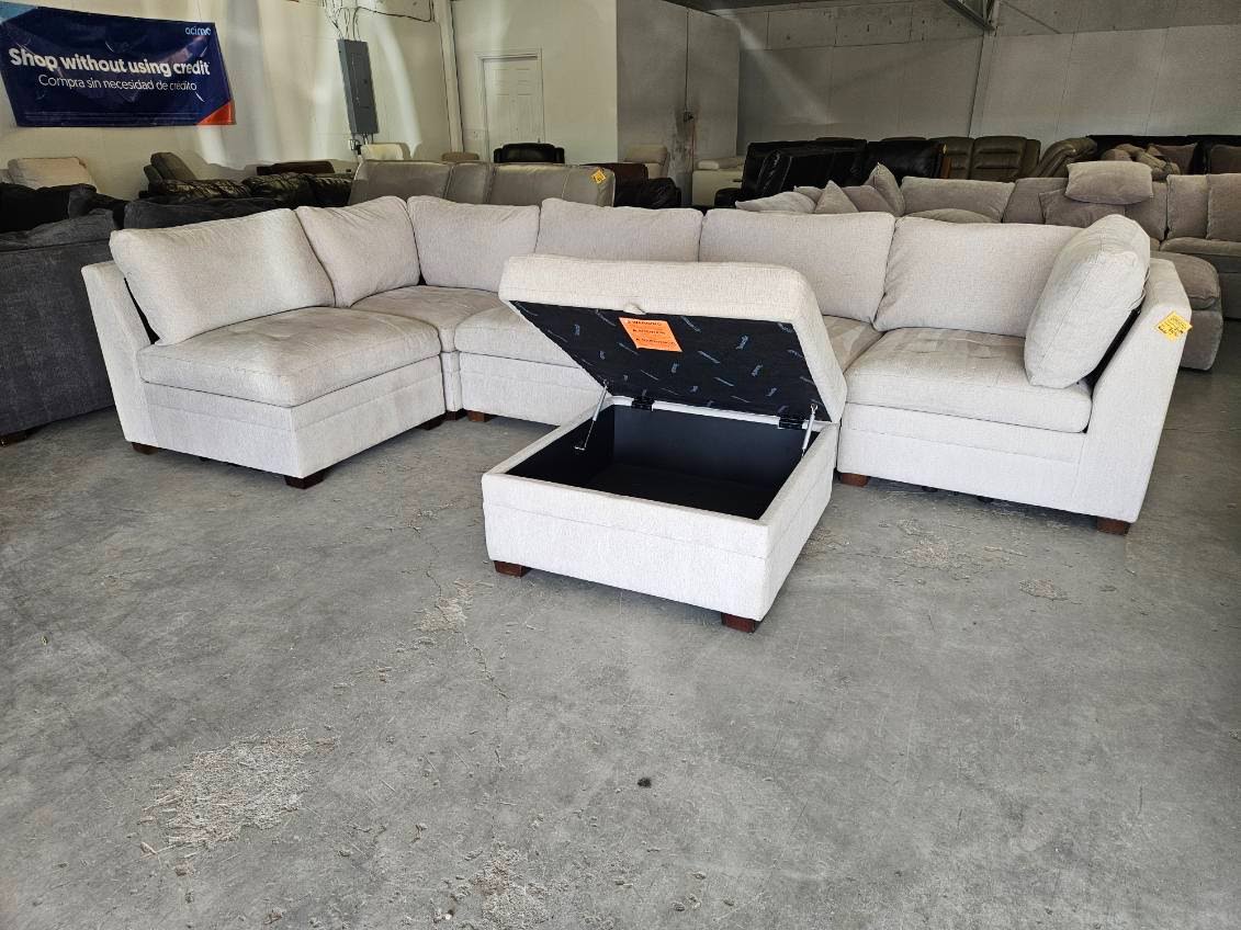 Beige 6 Piece Modular Sectional Sofa with Storage Ottoman