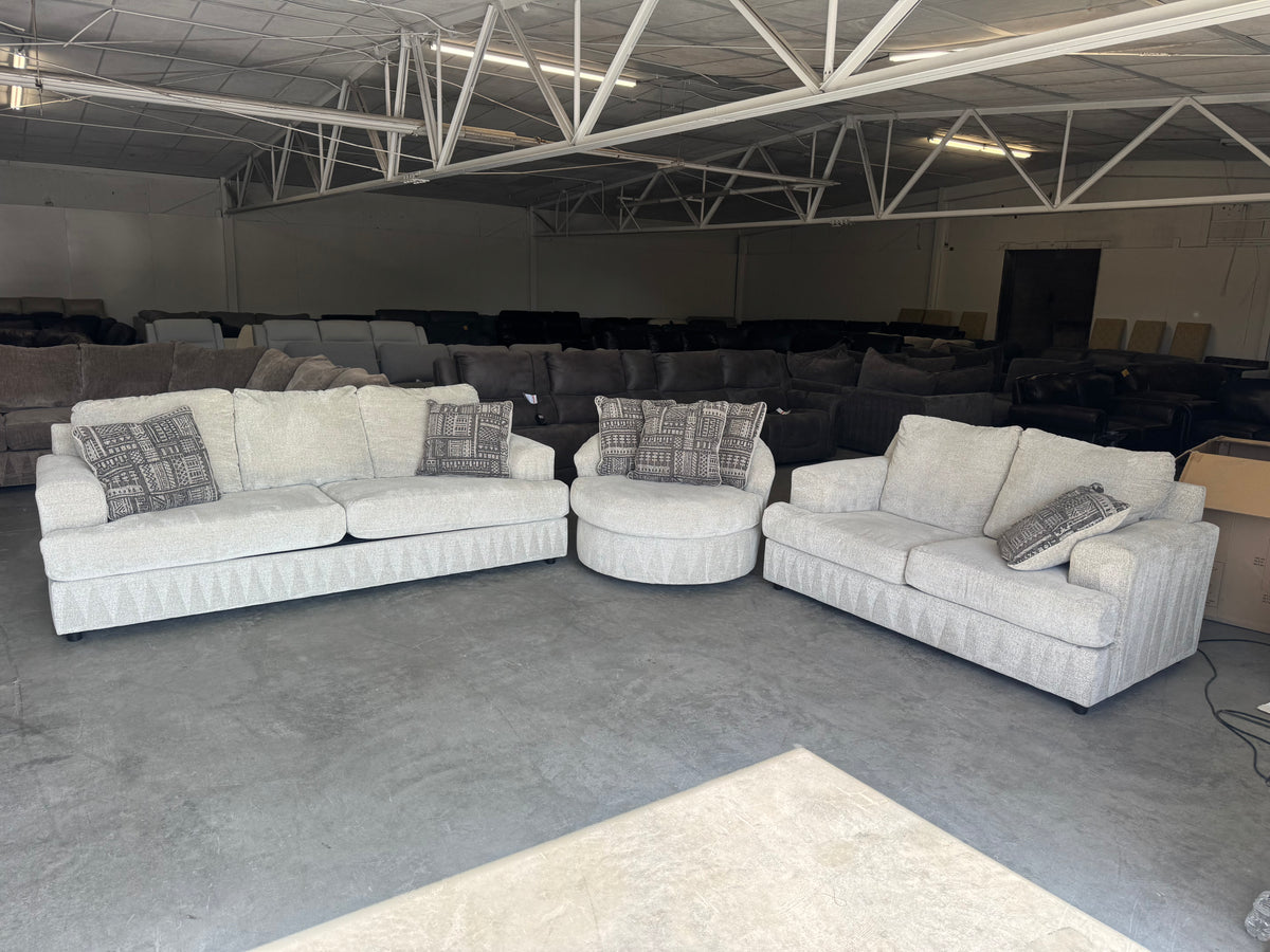 Living Room Set – Plush Beige Sleeper Sofa, Loveseat & Barrel Chair