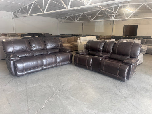 Couch & Loveseat Set – Dark Brown Leather Power Reclining Sofa and Loveseat