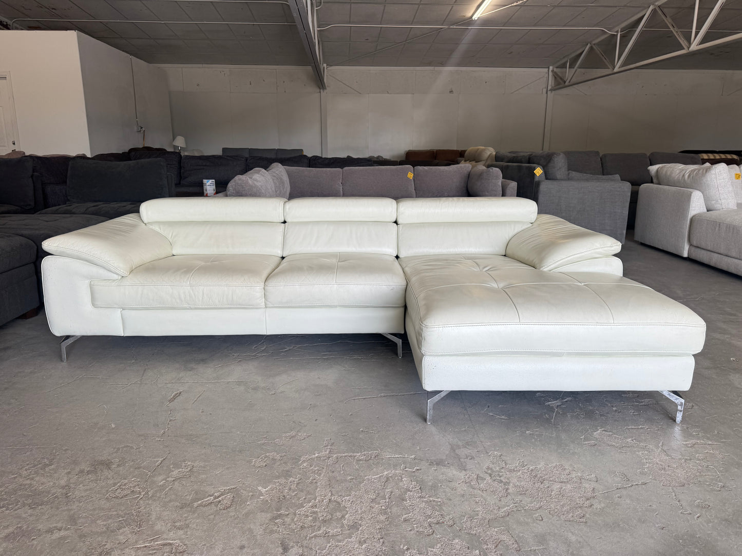 White Mid Century Modern Leather Chaise Sectional