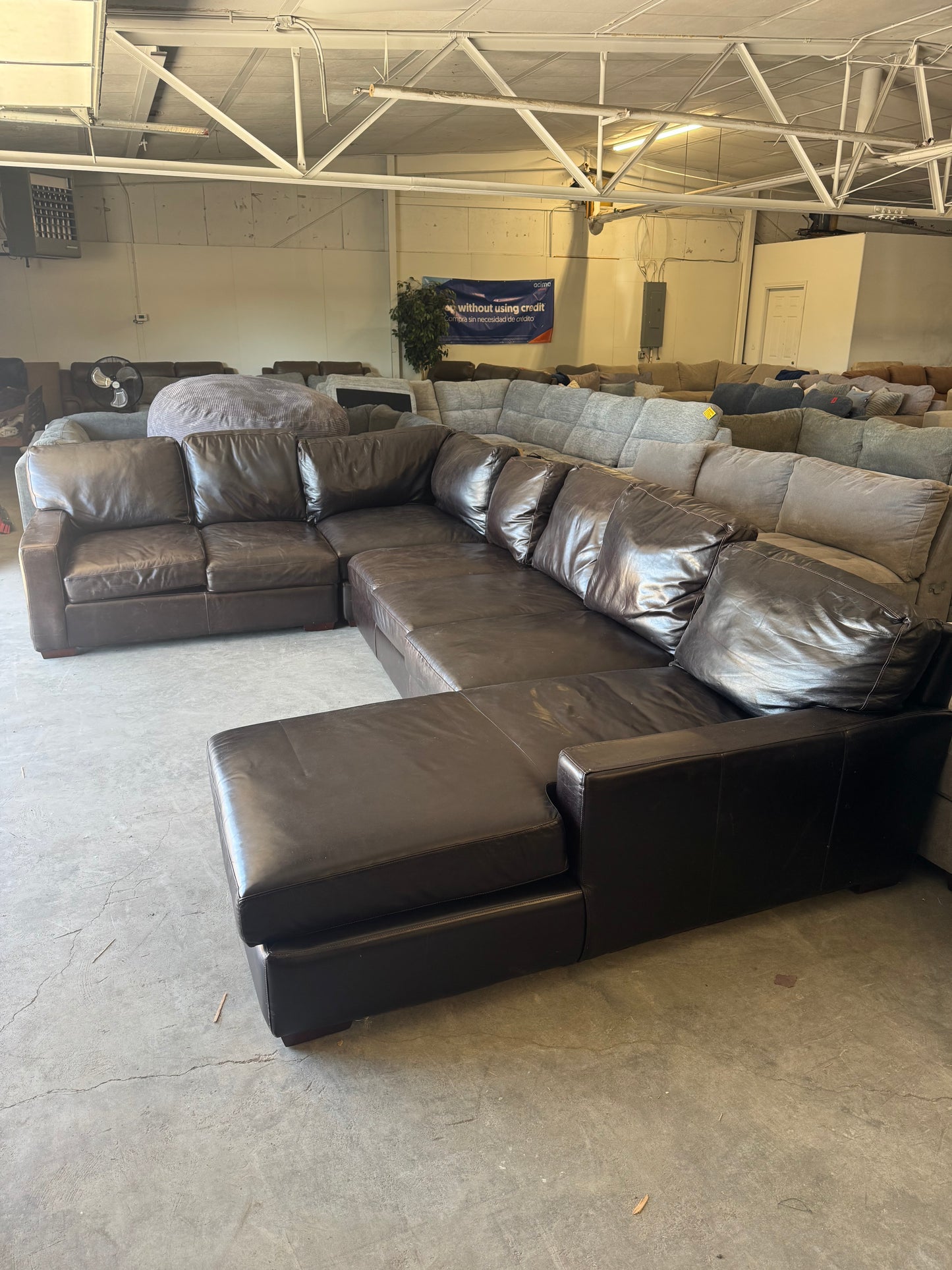 Huge Deep-Seated Brown Leather U-Shape Sectional