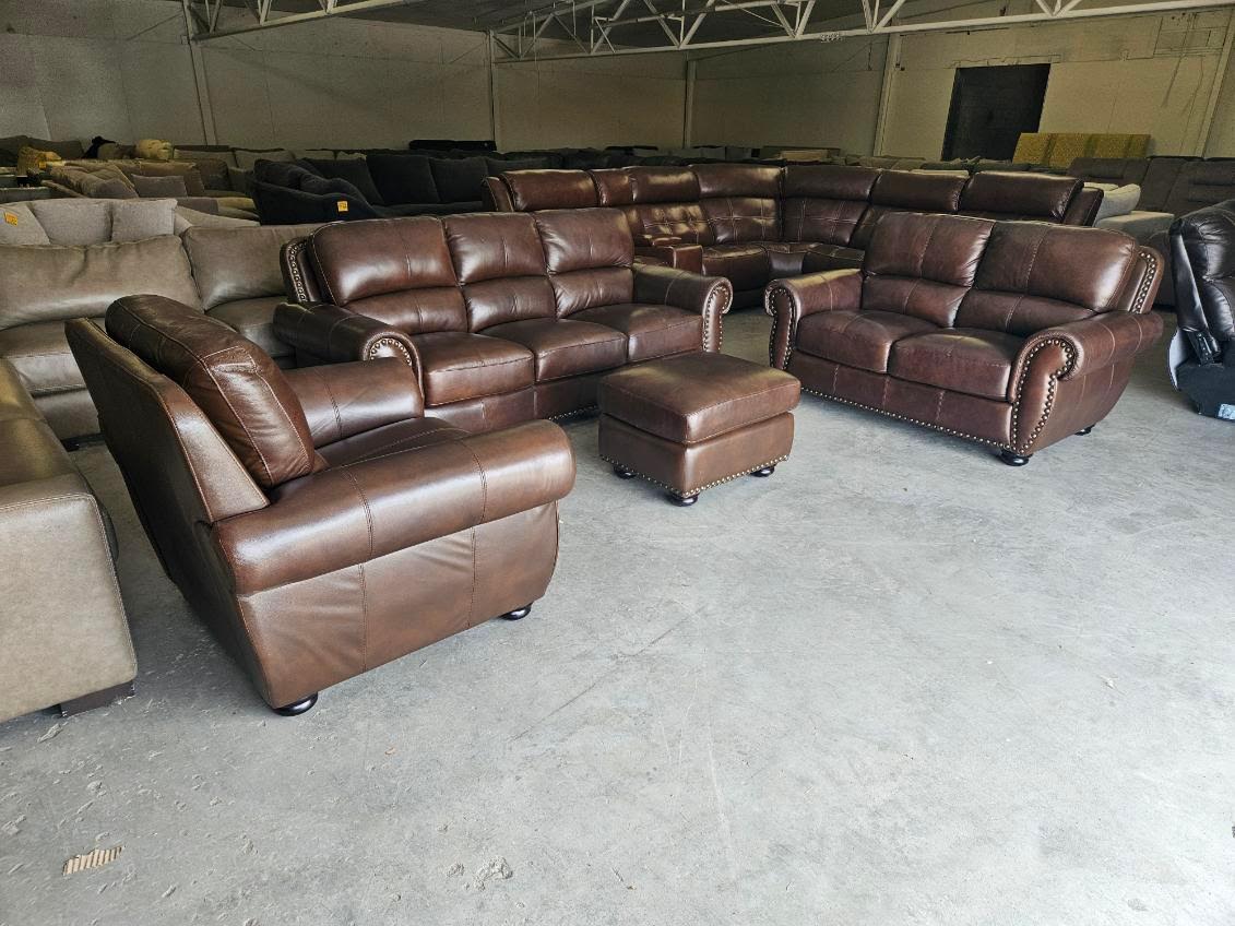 Brown Leather Living Room Set with Couch, Loveseat, Chair + Ottoman