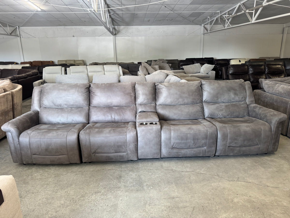 Modular Brown/Gray Power Reclining Theater Sofa w/ Adjustable Headrest