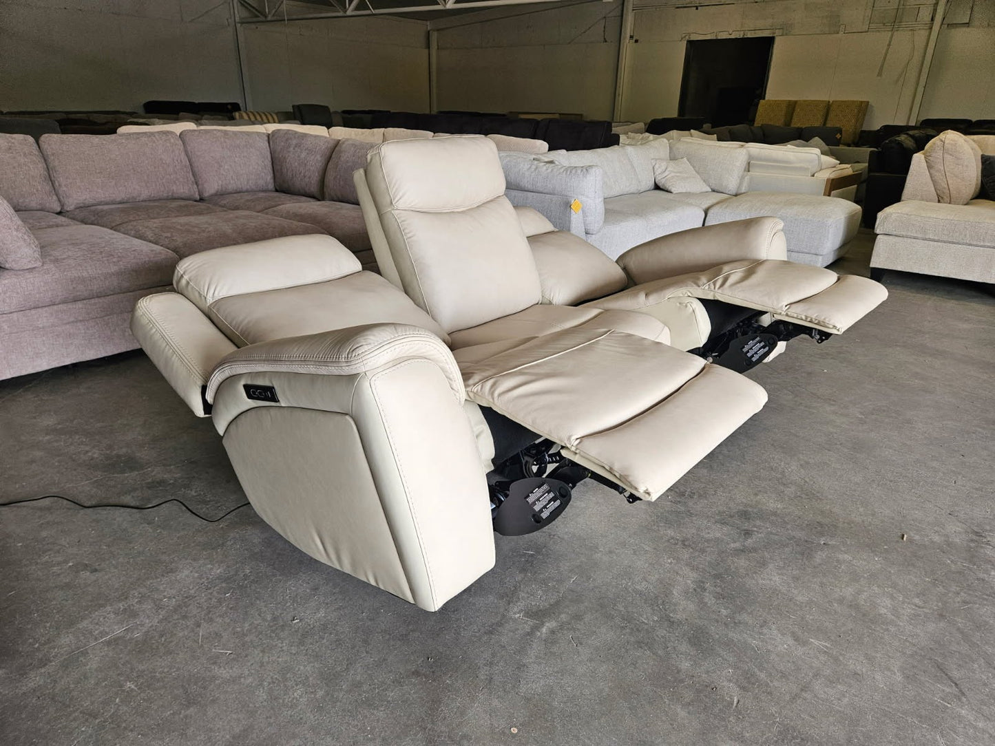 Cream Leather Power Reclining Sofa with Power Headrests