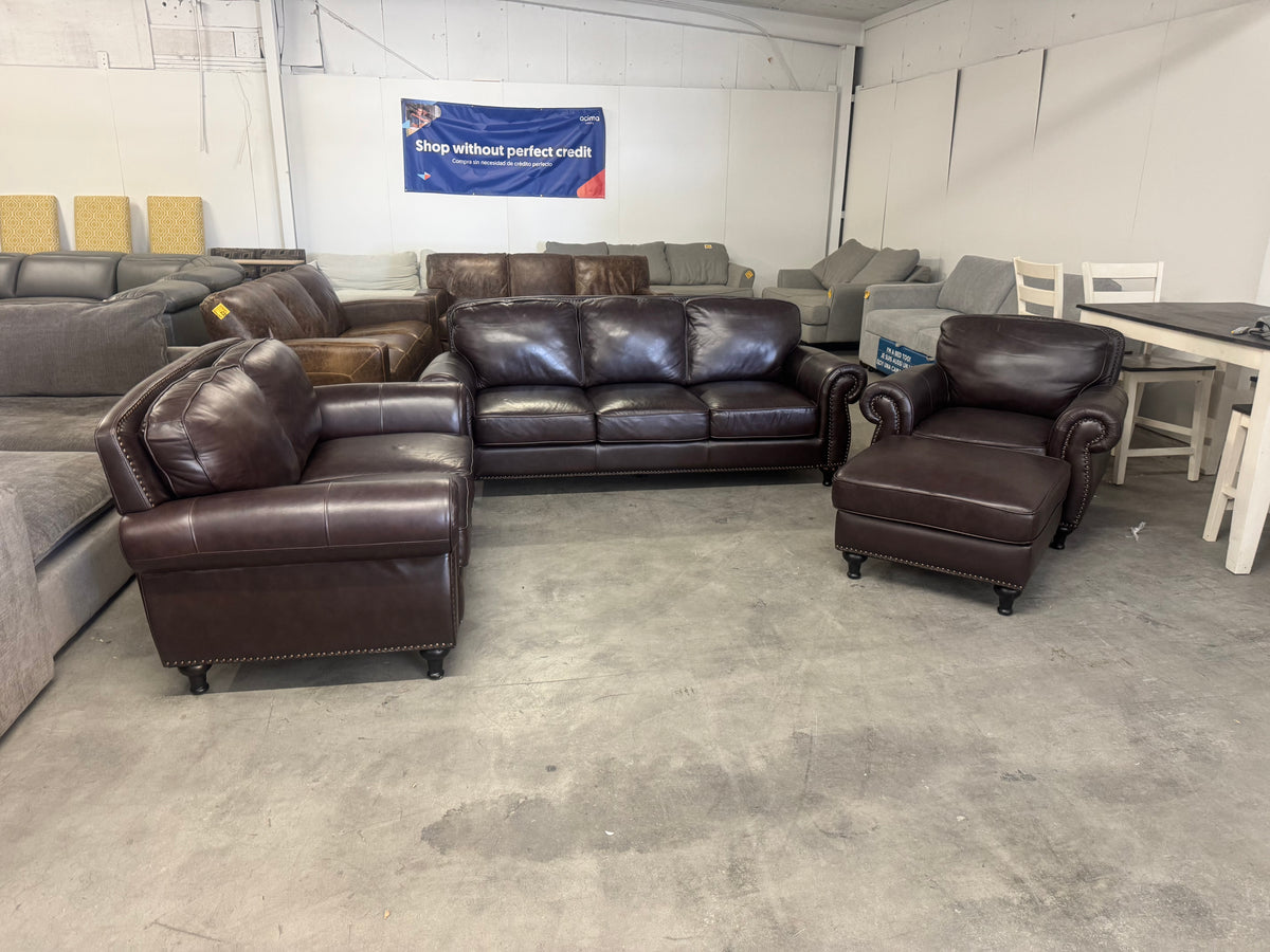 Brown Leather 4-Piece Sofa, Loveseat, Chair & Ottoman