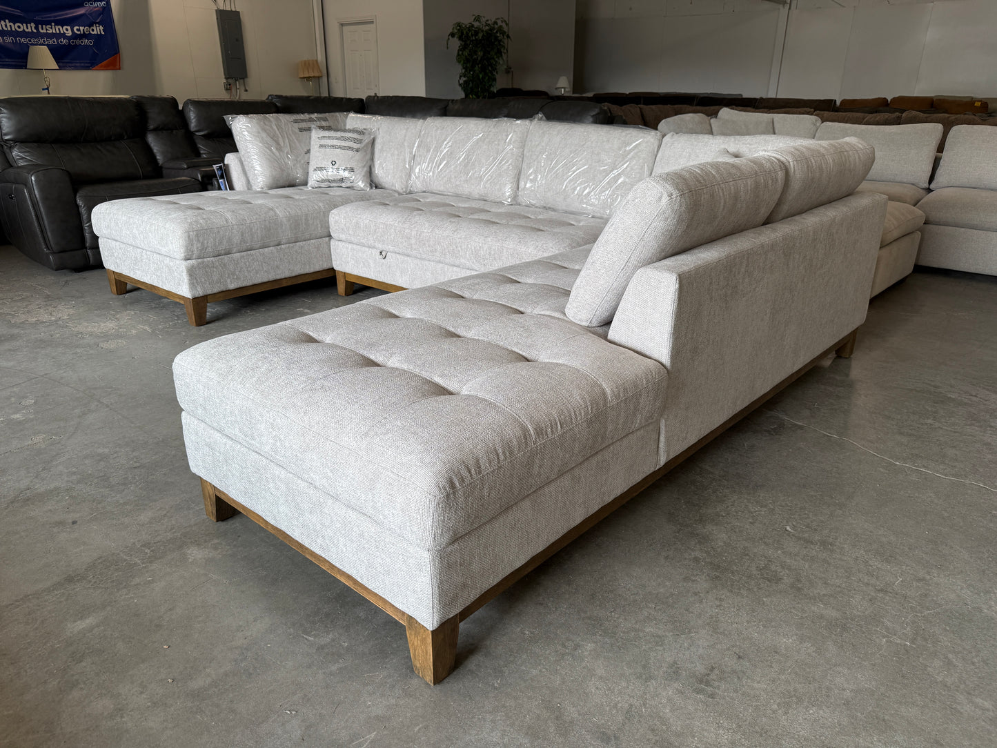 Brand New Gray Mid Century Modern U-Shaped Sectional with Dual Chaise Lounges