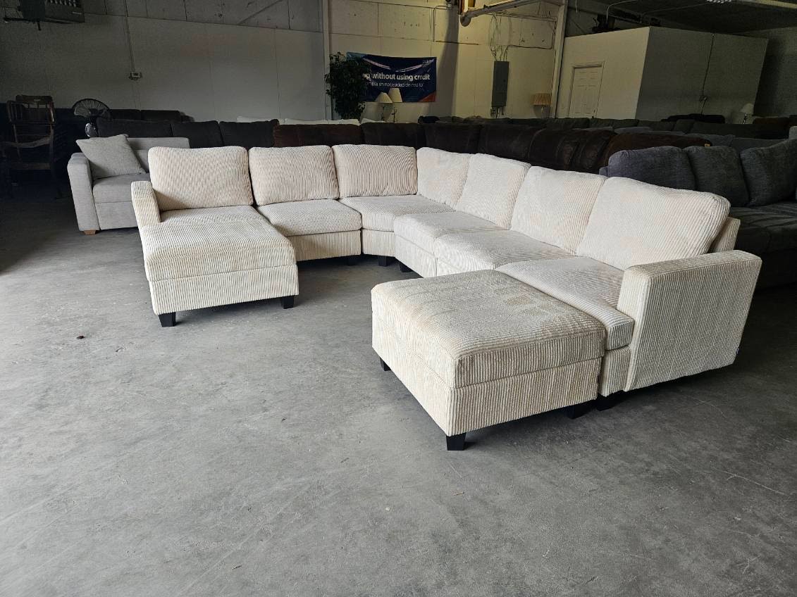 Cream Corduroy Modular Sectional with Dual Storage Ottomans
