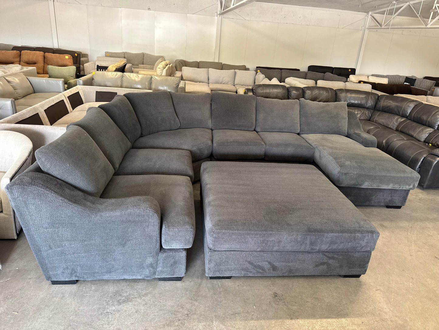 Oversized Charcoal Gray Plush Sectional with Ottoman