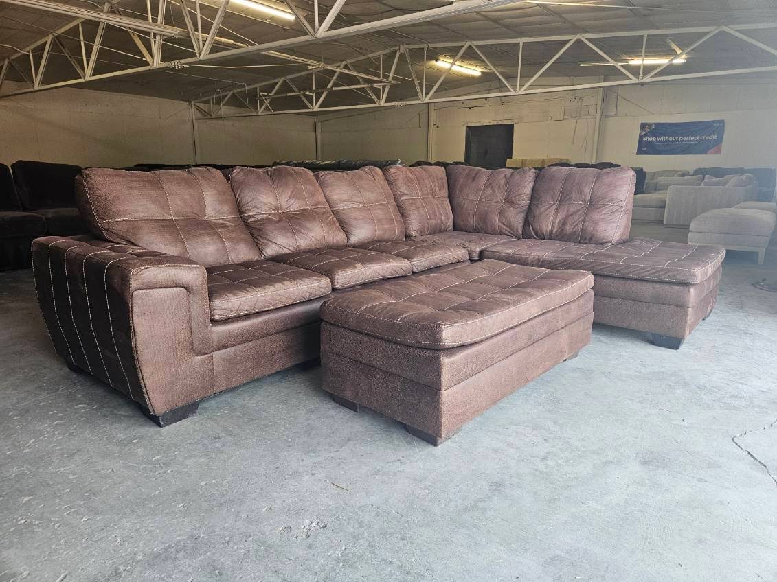Brown L-Shaped Sectional with Ottoman