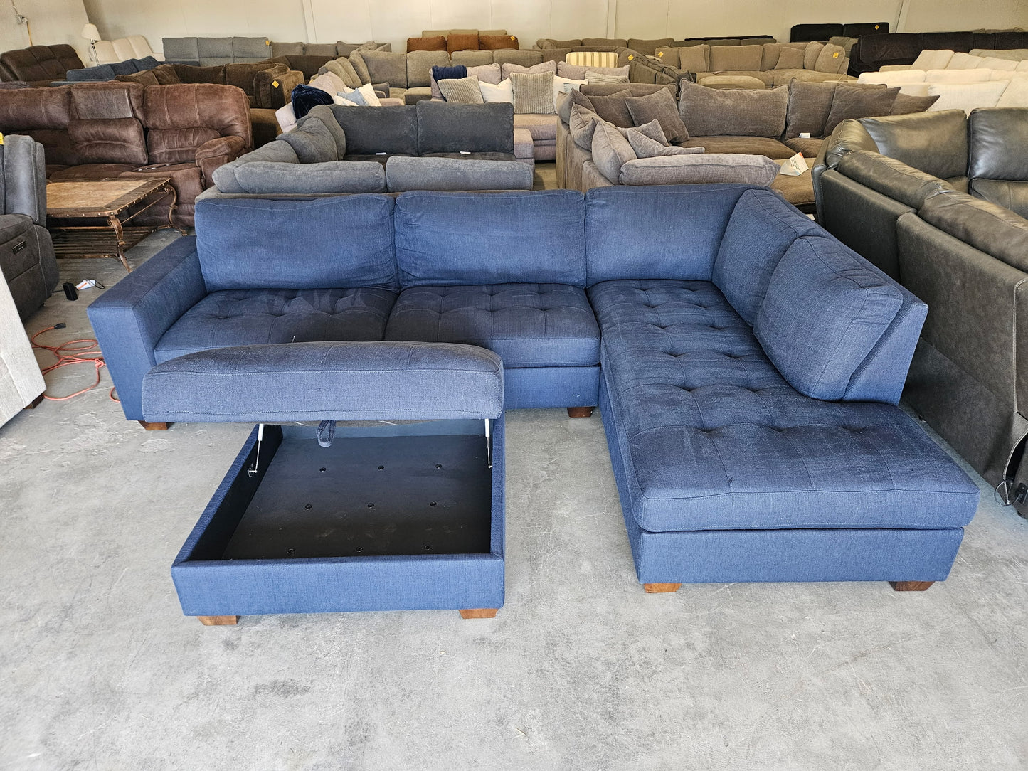 Blue L Shape Sectional with Storage Ottoman