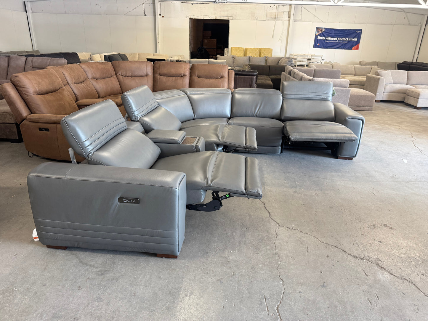 Brand New Aiden & Ivy Karson Gray Leather Power Reclining Sectional