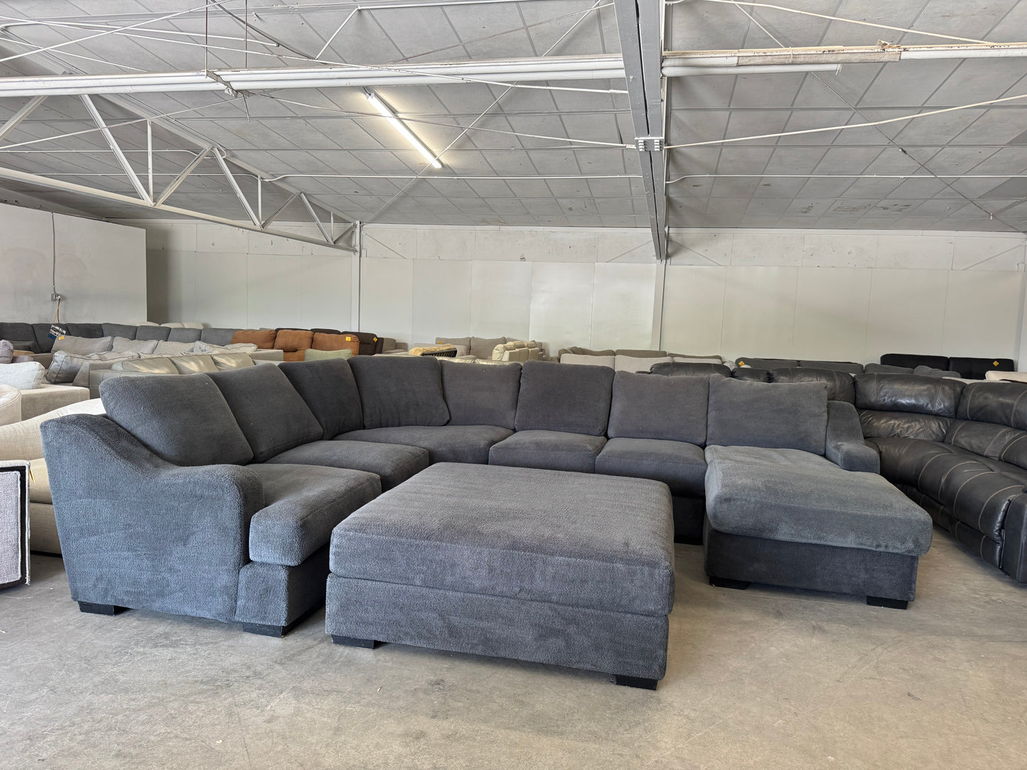 Oversized Charcoal Gray Plush Sectional with Ottoman