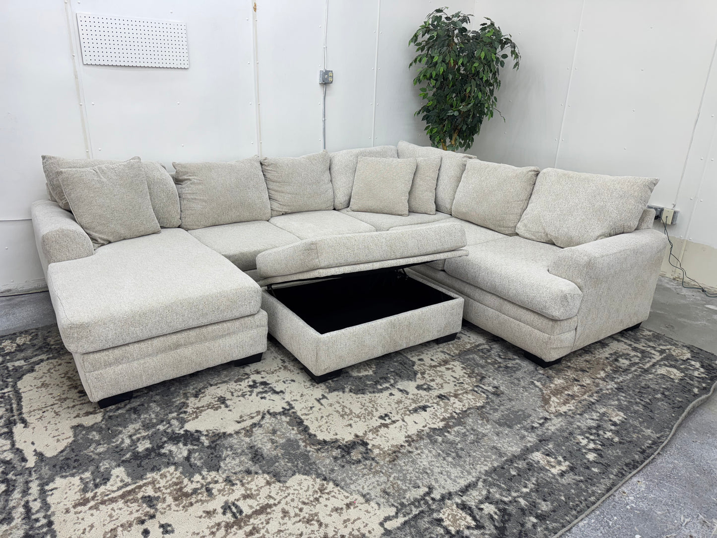 Beige U Shape Sectional Sofa with Storage Ottoman & Reversible Chaise