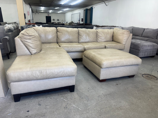Beige Leather L Shape Sectional w/ Storage Ottoman