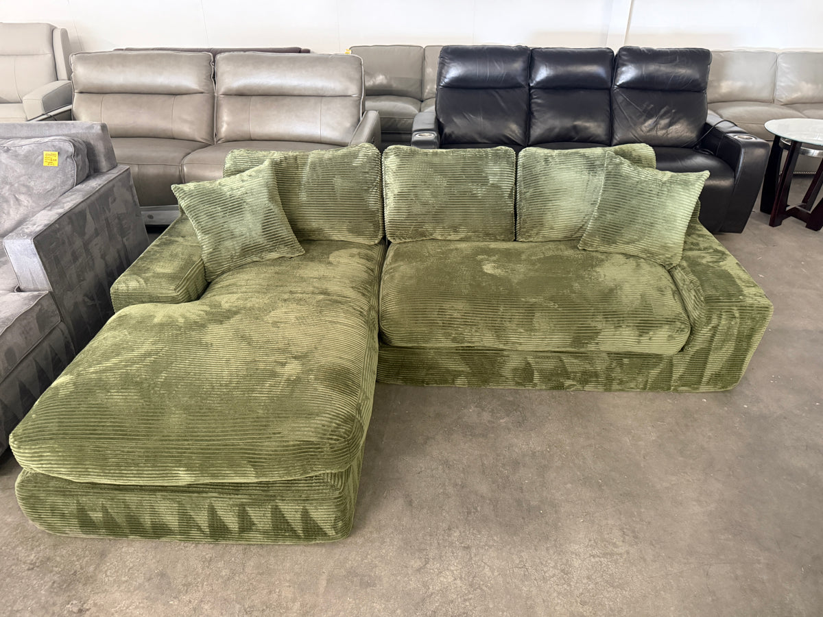 Green Plush Corduroy Boneless L-Shaped Sectional