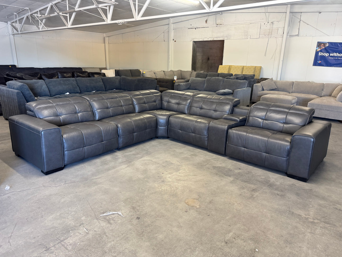 Charcoal Gray Leather 6-Piece Modular Sectional with 3 Power Recliners & Adjustable Headrests