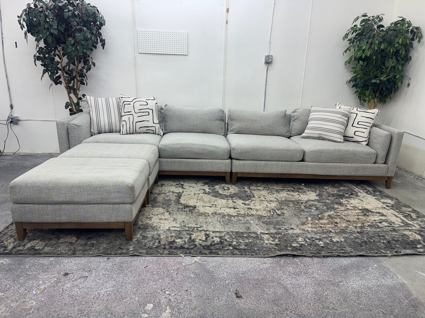 Huge Light Gray Mid-Century Modern Sofa w/ Two Ottomans