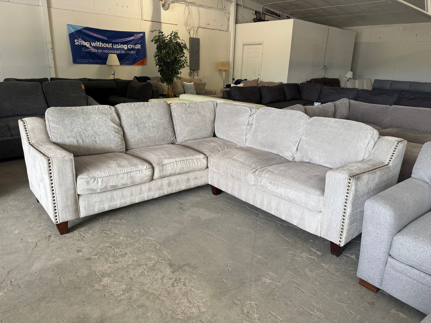 Gray & Beige L-Shaped Sectional with Nailhead Trim